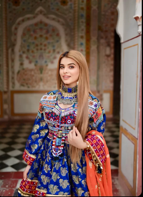 Afghani Blue Banaras Short Dress - Image 2