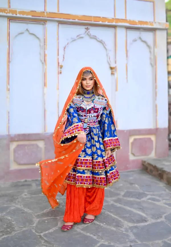 Afghani Blue Banaras Short Dress - Image 5