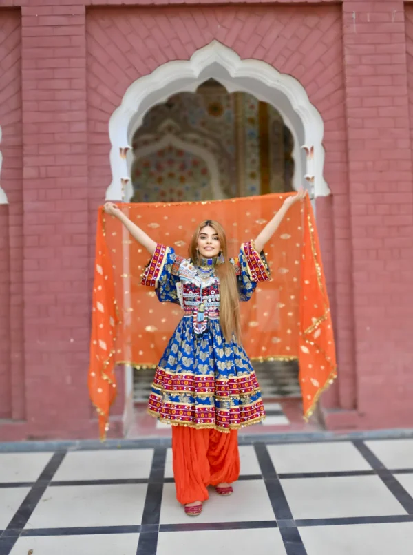Afghani Blue Banaras Short Dress - Image 4
