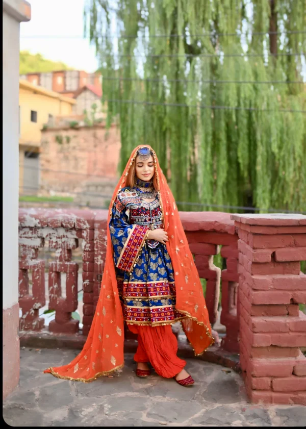 Afghani Blue Banaras Short Dress - Image 3